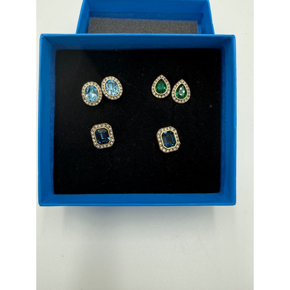 Heidi Daus Set of 3 Crystal Stud Earrings Blue Green Gold Tone Vintage Style